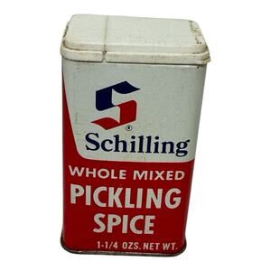 VINTAGE Schilling Whole Pickling Spice Red + White Spice Tin 1-1/4 oz